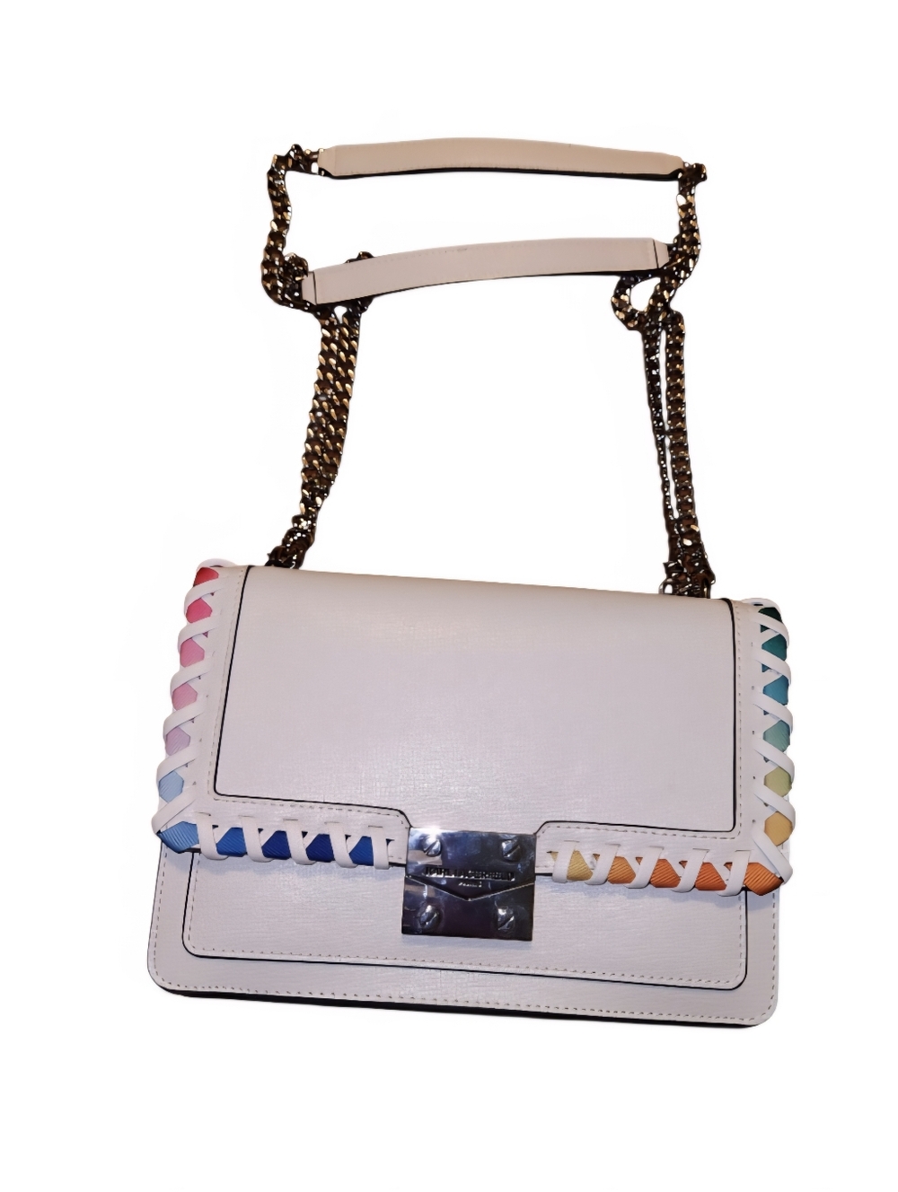 ❌️SOLD ❌️NWT Karl Lagerfeld White Leather Crossbody Chain Bag Multicolor Trim - Picture 3 of 8